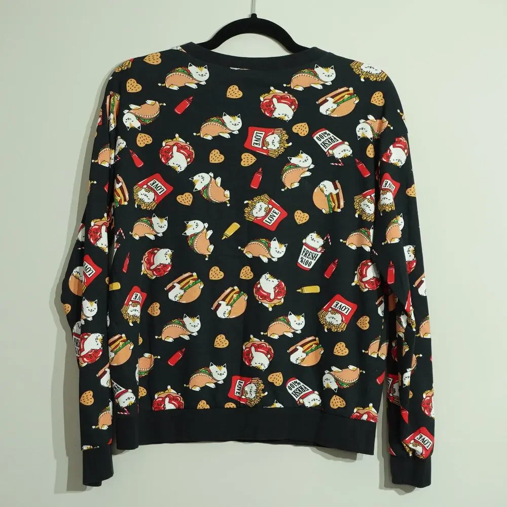 Womens Crew Neck Sweater - Cat Fries Taco Graphic Print - Black - Size Medium - Picture 8 of 8